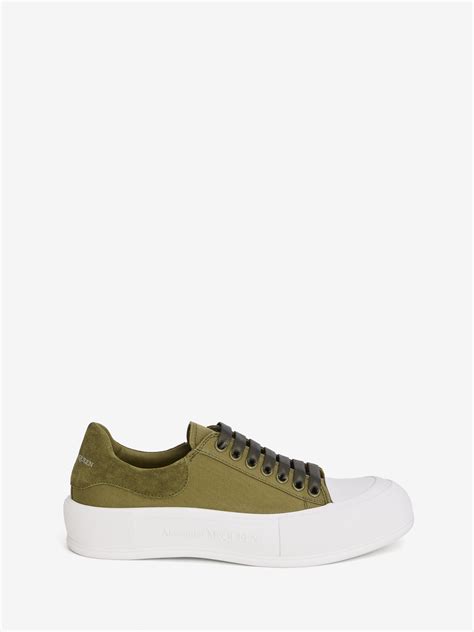 Deck Lace Up Plimsoll in Khaki/White .